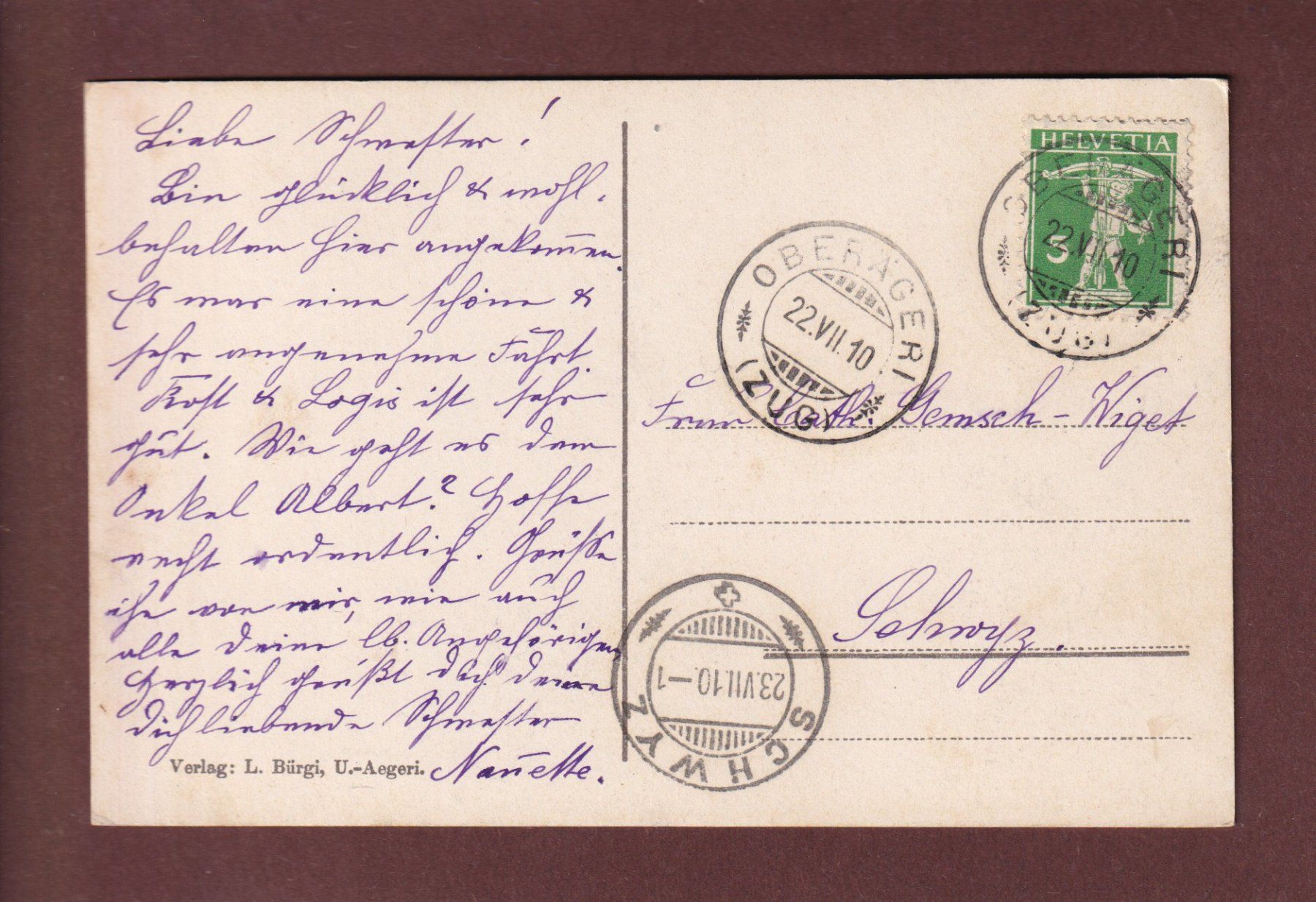 Cartoline postali: Gruss vom AEGERI-SEE - 1910 – Usato da Pully venduto da nicecards-shop 1
