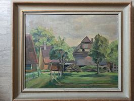 antikes Gemälde Bild Landschaft Bauernhof