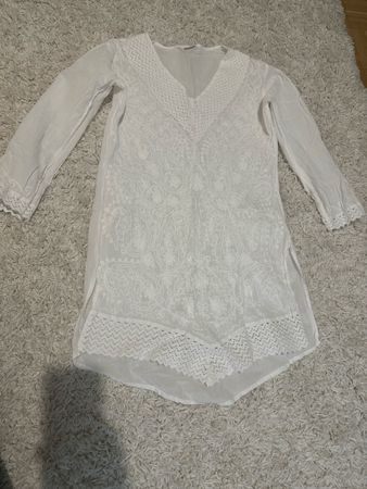 White Cotton Tunic Dress Summer Boho Style Size S 100% Cotto