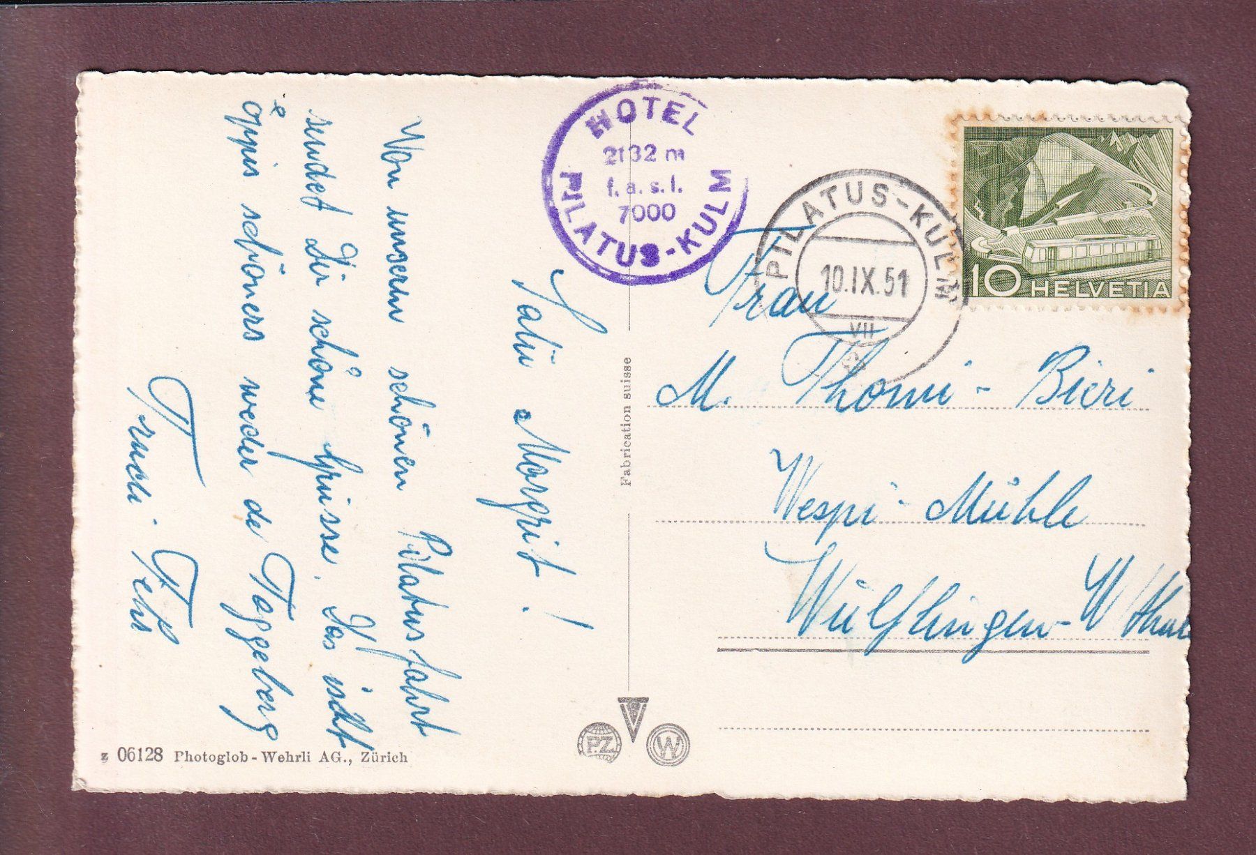 Cartoline postali: PILATUS-BAHN - 1951 – Usato da Pully venduto da nicecards 1