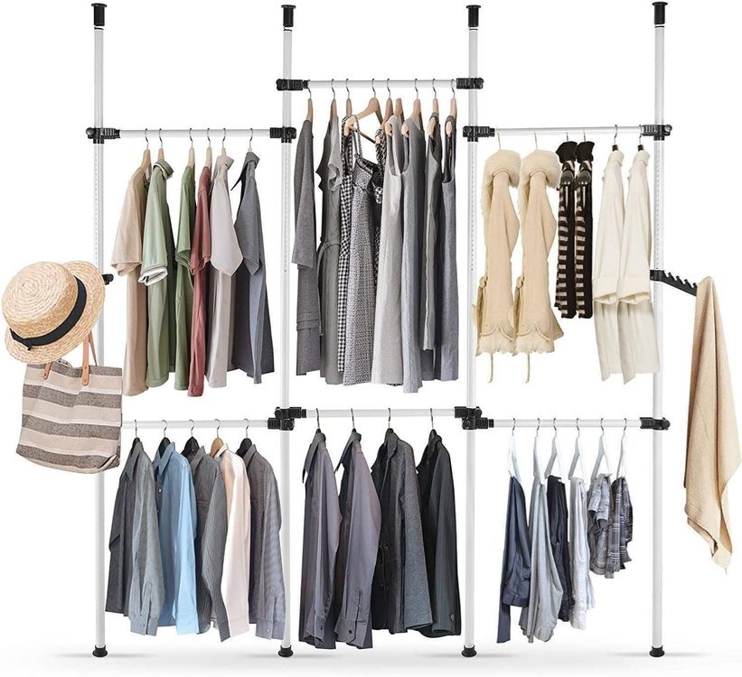 Teleskop Garderoben, Begehbarer Kleiderstange Kleiderschrank System Teleskop Ohne Bohren Offener Teleskop Garderobensystem Kleiderstangensytem Teleskop- Garderobe mit 2 Haken Höhenverstellbar