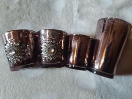 Teelichthalter Glas Deko mit Steinen 4er Set Rosen-Bronze