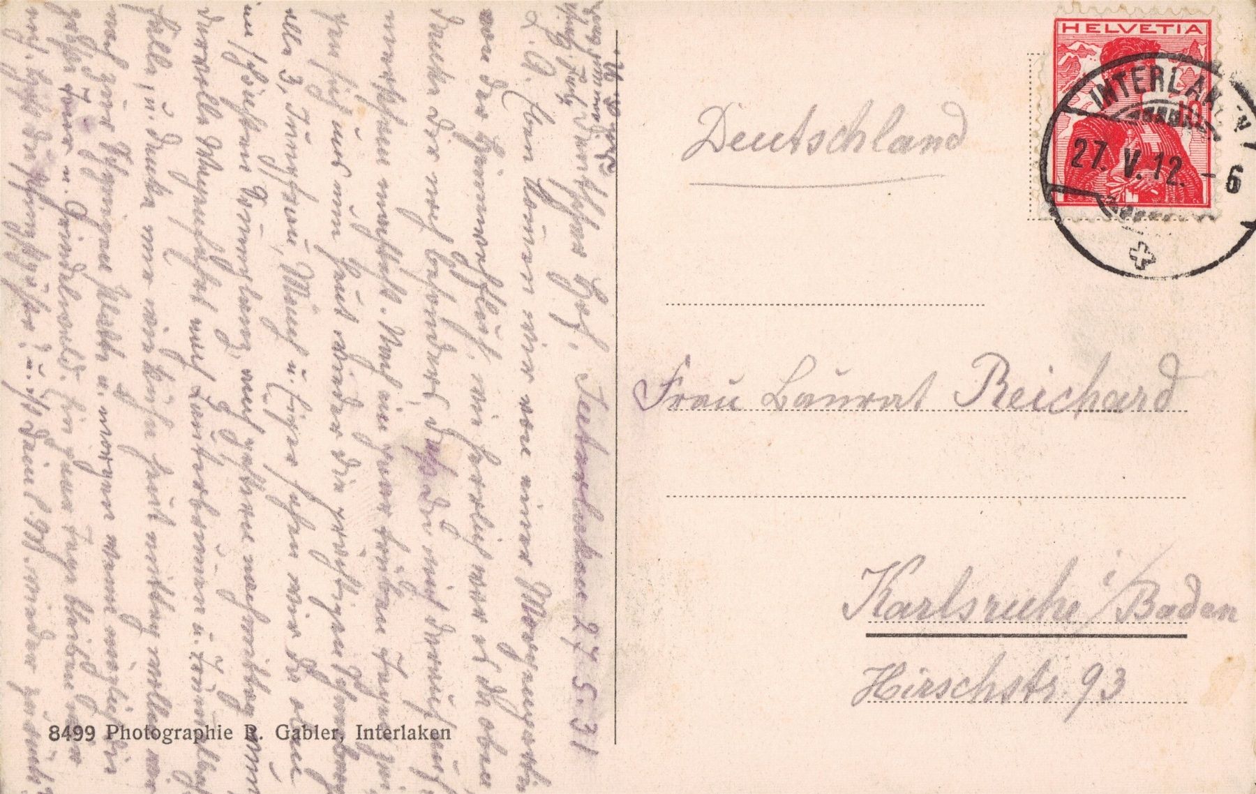 Cartoline postali: 1912 AK Interlaken mit Mönch und Jungfrau – Usato da Eggersriet venduto da stamp303 1