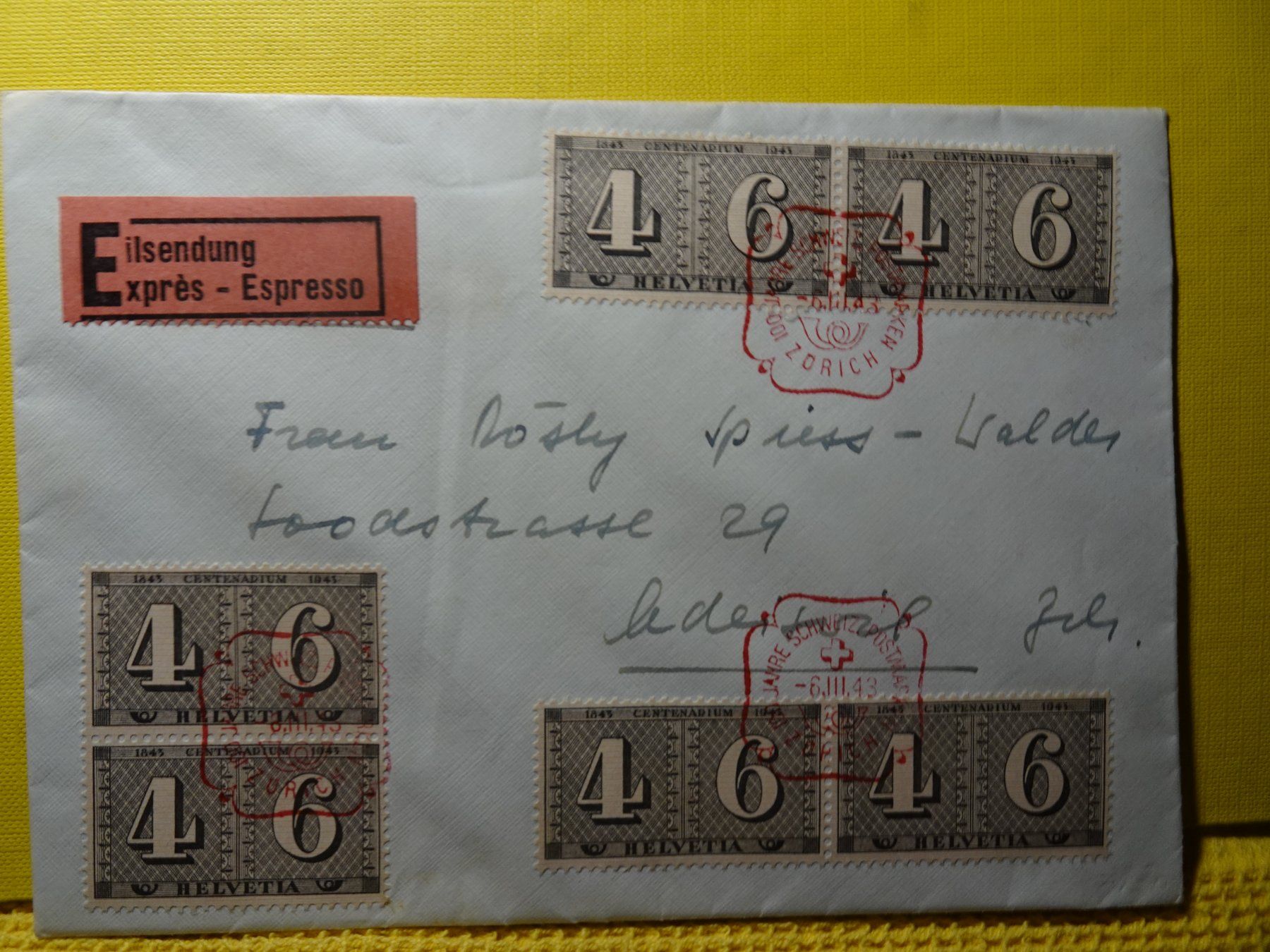 Tutti i francobolli: 6.III.43, 100 JAHRE SCHWEIZER POSTMARKEN SCHMUCKBRIEF – Usato da Eschenbach SG venduto da eDaisy