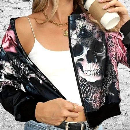 ☠️ Stylische Damenjacke mit Totenkopf- und Blumenmuster 🌸