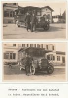 2 vintage Fotos Saurer-Kurswagen vor dem Bahnhof Baden