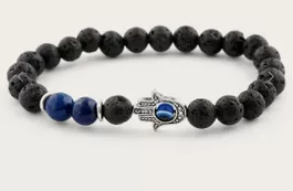 Perlenarmband Blauem Lapislazuli-Lava+Fatima-Hand,Gr L,Neu