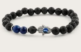 Perlenarmband mit Blauem Lapislazuli & Lava+Fatima-Hand, Neu