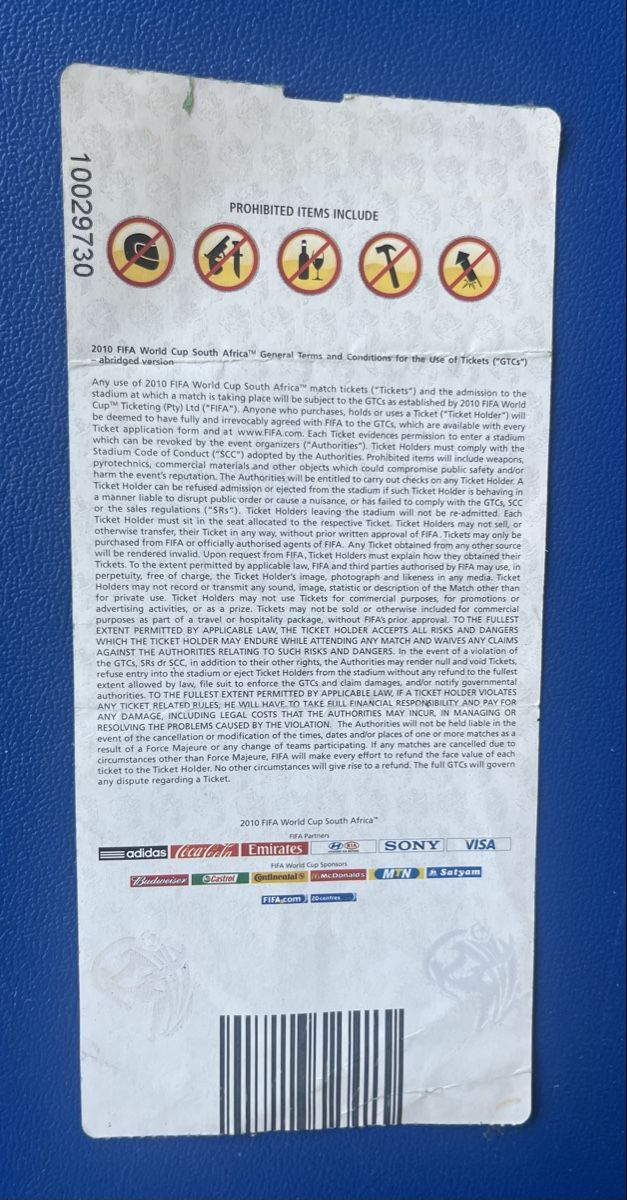 Biglietti: FUSSBALL WM 2010 Südafrika Finalticket – Usato da Münchenstein venduto da tschepo64 1