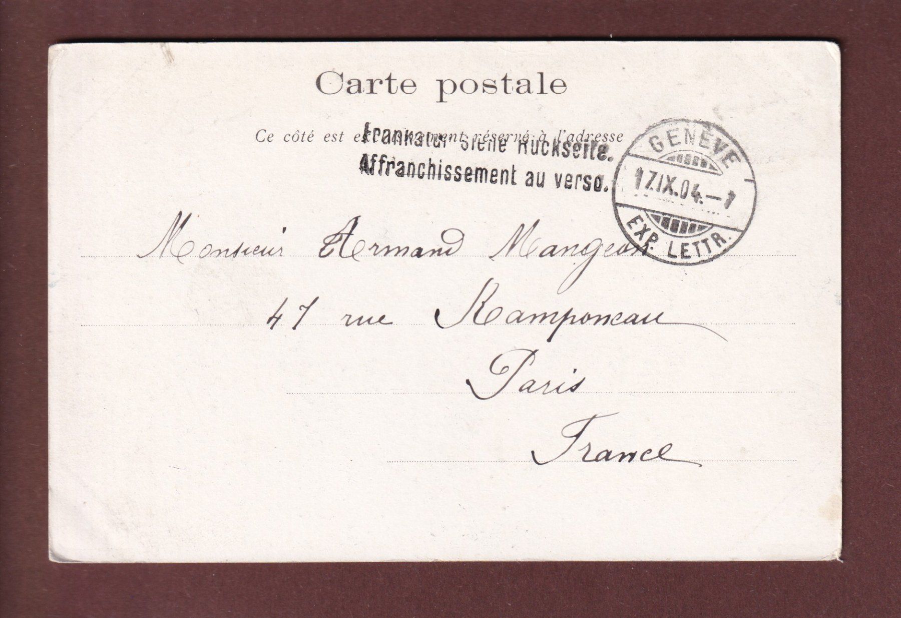 Cartoline postali: GENEVE - Monument Rousseau - 1904 – Usato da Pully venduto da nicecards 1