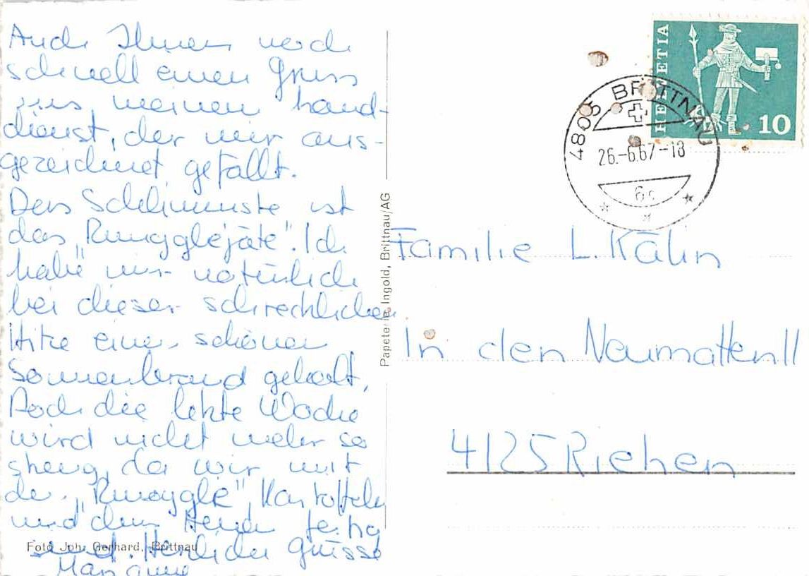 Cartoline postali: Ansichtskarte BRITTNAU AG - aus der Papeterie Ingold – Usato da Lufingen venduto da TopAnsichtskarten 1