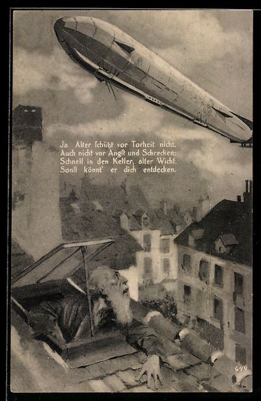 Cartoline postali: Alter Mann beobachtet Zeppelin über dem – Usato da Berlin venduto da bartko-reher