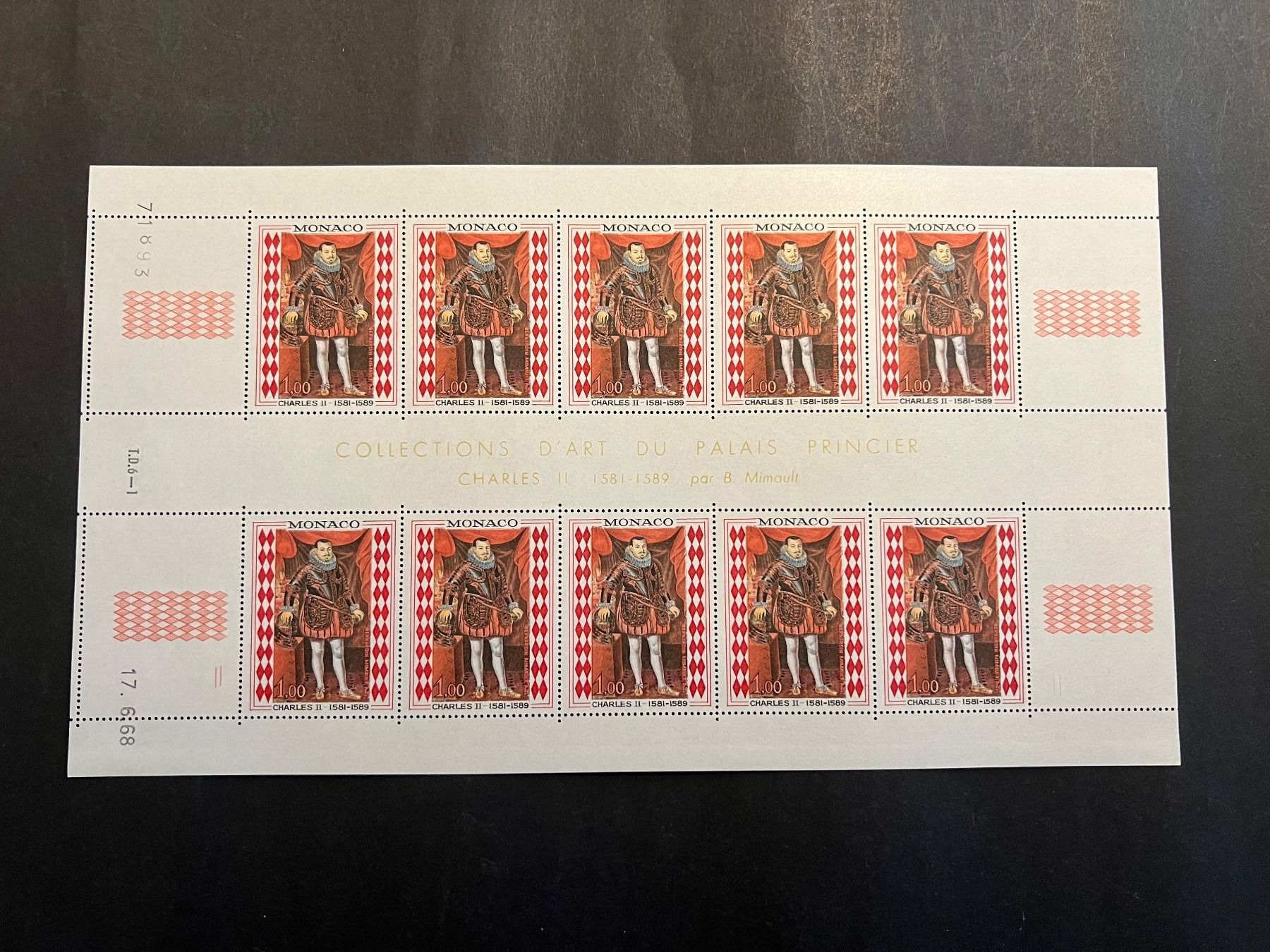 Alle Briefmarken: Monaco 1968 Gemälde Charles II. Bogen **(140) – Gebraucht aus Hinwil von Sidi4