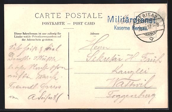 Cartoline postali: AK Herisau, Blick zur Kaserne, 1907 – Usato da Berlin venduto da bartko-reher 1