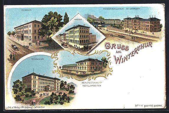 Cartoline postali: Litho Winterthur, Kasino, Technikum, Mus – Usato da Berlin venduto da bartko-reher