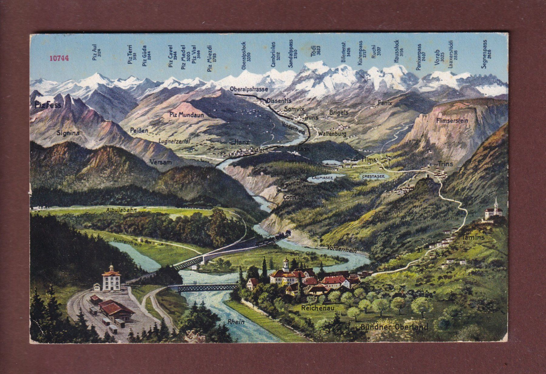 Cartoline postali: BÜNDNER OBERLAND - Vogelschau - 1924 – Usato da Pully venduto da nicecards