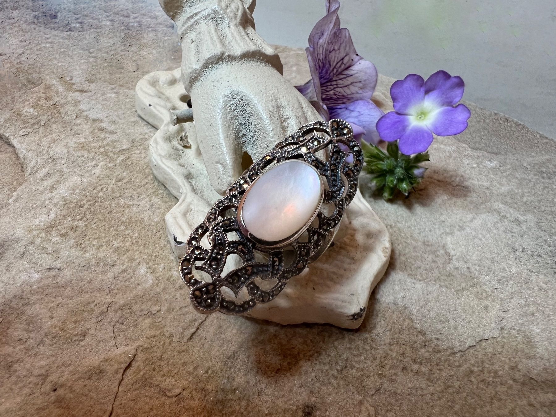 Anelli: Ring Art Deco Stil 925 Silber Markasiten und Perlmutter 57 – Nuovo (secondo la descrizione) da Bern venduto da Jiffy 4