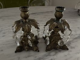 Vintage Candlestick Holders with Crystals, Set of Two