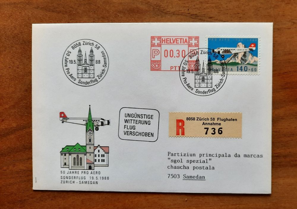 Enveloppe timbrée 50 ans Pro Aero Vol Zurich Samedan 19.5.88 | Kaufen ...