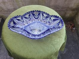 Blaue Kristallschale, mundgeblasen, Handgeschliffen, Top!