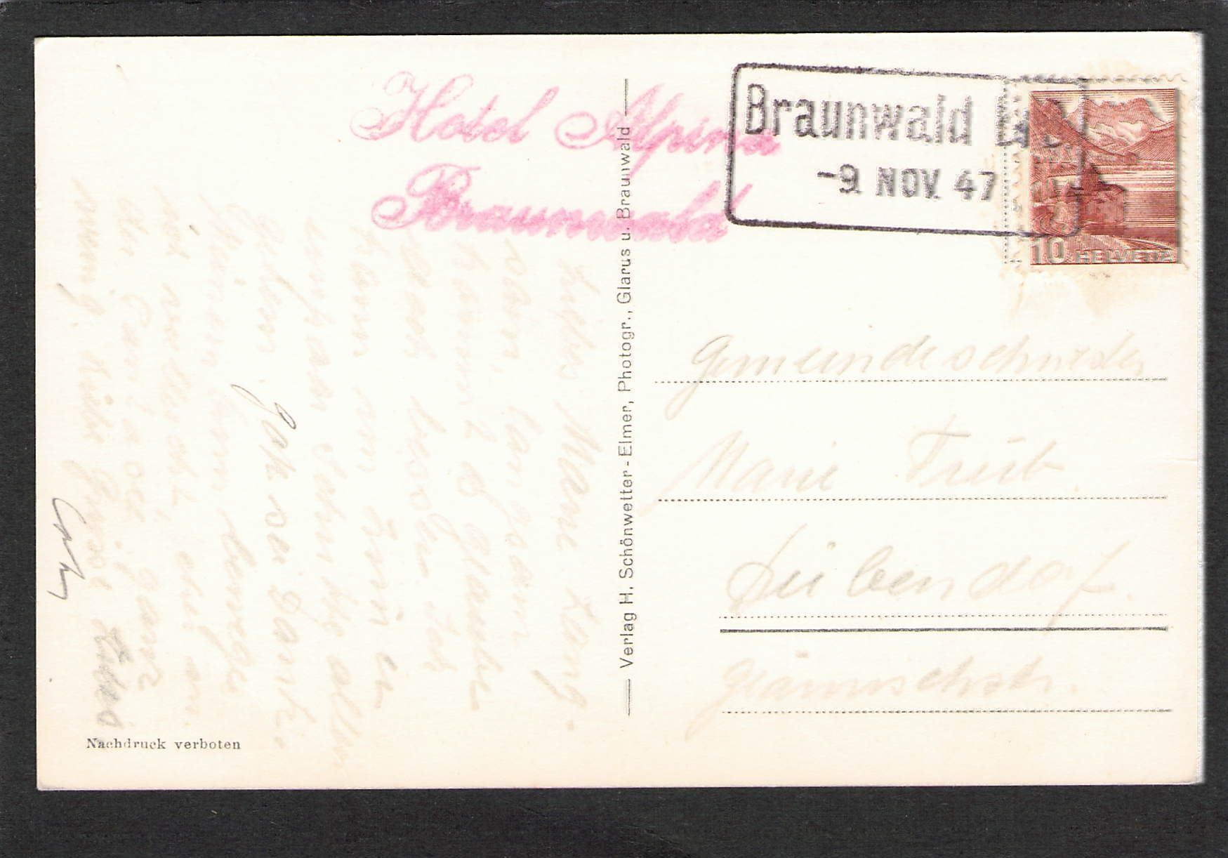 Cartoline postali: AK,GL Braunwald , 1947 – Usato da Reichenburg venduto da Pipo-67 1
