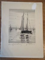 Handgezeichnetes Segelschiff-Motiv, Vintage von K. Dilling