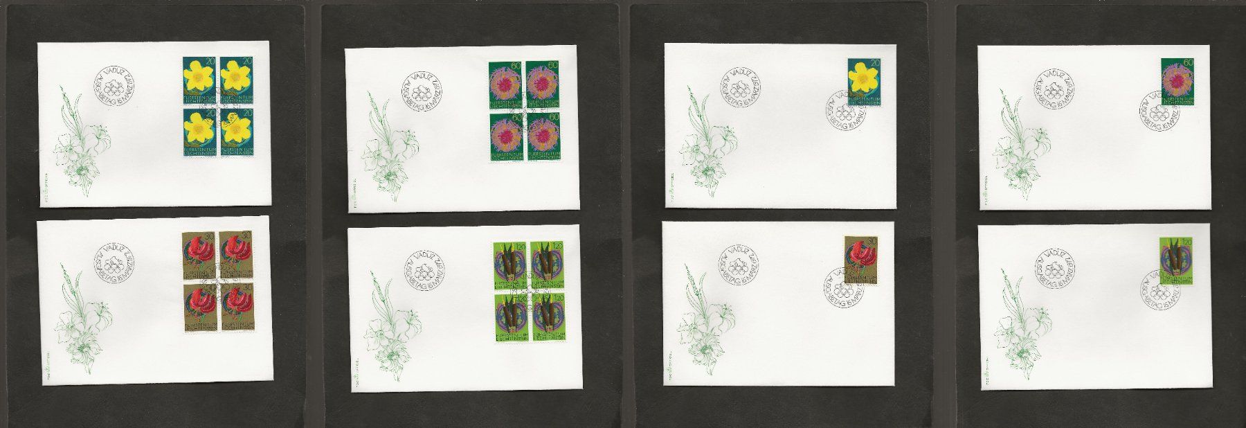Tutti i francobolli: FDC Liechtenstein Viererblock + Einzel Serie Blumen 1972 – Usato da Au ZH venduto da xelagreb01