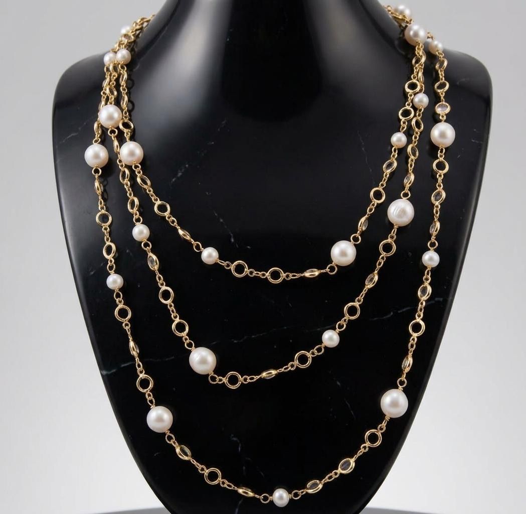 Ketten: Long collier perles et pierres dorées – Neu und originalverpackt aus St-Maurice von Sandrinette123