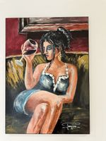 Dipinto ad acrilico su tela: donna con bicchiere di vino! (