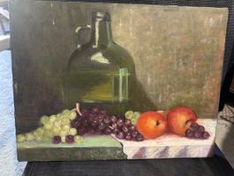 Gemälde Stillleben Flasche Trauben Apfel 16x12 Zoll 1974