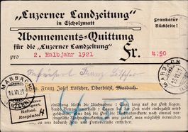 1921: Nachnahme-Quittung Luzerner Landzeitung, Stpl. Marbach