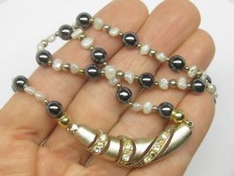 Vintage Collier Kette Silber 925 Perlen Hämatit-Kugeln