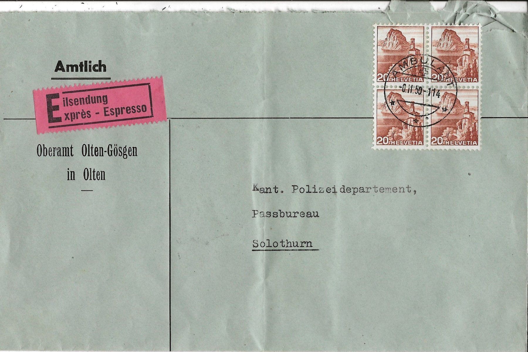 Ansichtskarten: Eilsendung, Express, 1950, Viererblock, Olten – Gebraucht aus Frauenfeld von Merk52