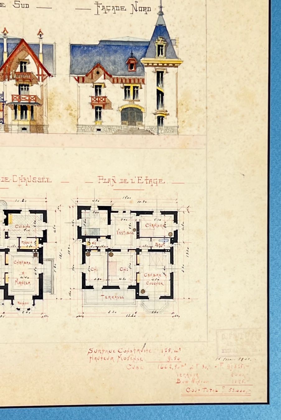 Dipinti: CH.PHILIPPIN DESSIN D'ARCHITECTURE "PROJET D'UNE VILLA" – Usato da Genève venduto da aic_p8ld 2