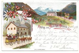 Gruss vom Albula-Hospiz (GR) Postkutsche - uralte Litho 1898