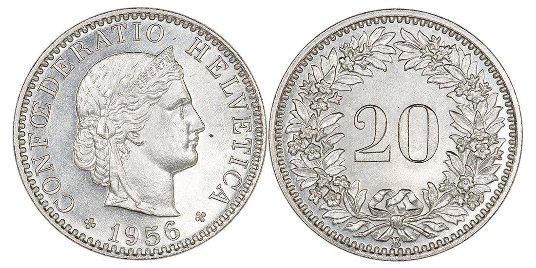 Alle Münzen: 20 Rappen von 1956 (Stempelglanz) – Neu (gemäss Beschreibung) aus Schmidrüti von Jamesdeal