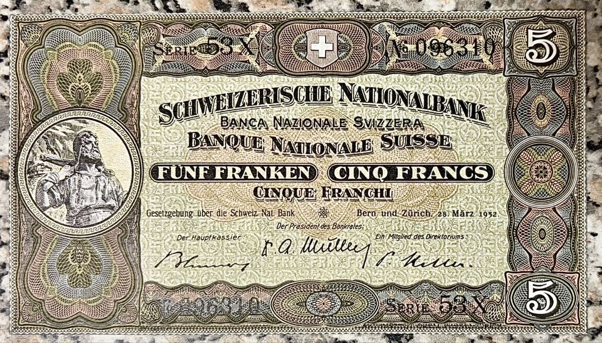 Banconote: 5 Franks Schweiz 1952!!! UNC!!! – Nuovo (secondo la descrizione) da Oberentfelden venduto da NunoLouro