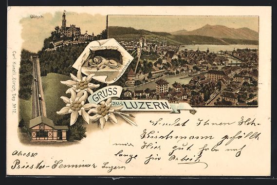 Cartoline postali: Litho Luzern, Löwendenkmal, Gütsch mit – Usato da Berlin venduto da bartko-reher
