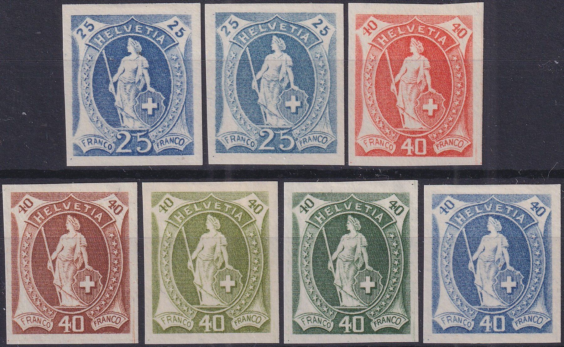 Alle Briefmarken: Stehende Helvetia: "7 Pariser Proben": 2x in Originalfarbe – Gebraucht aus Sursee von Luzernerraute
