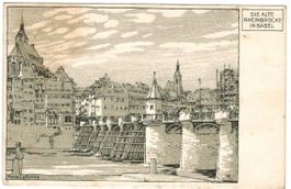 AK Pro Juventute, Die alte Rheinbrücke in Basel 1917