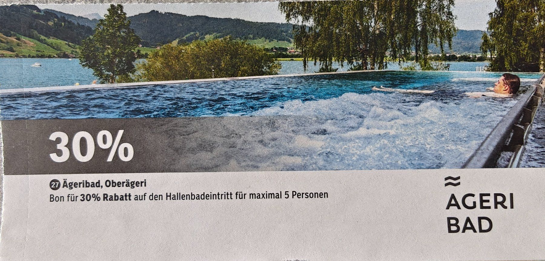 Buoni: Gutschein 30% Ägeribad Oberägeri Hallenbad – Usato da Schmiedrued venduto da elvis_88