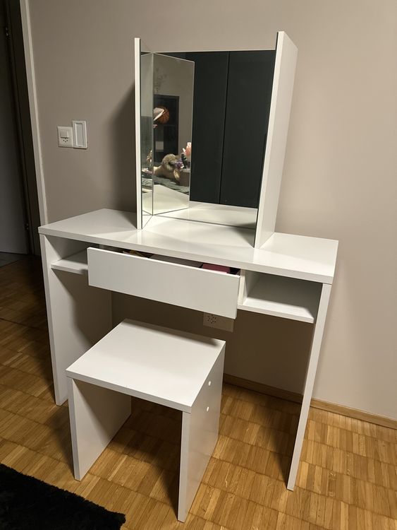 Schminktisch weiss mit Spiegel und Hocker 2