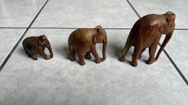 Set 3 statuette elefanti legno intagliato