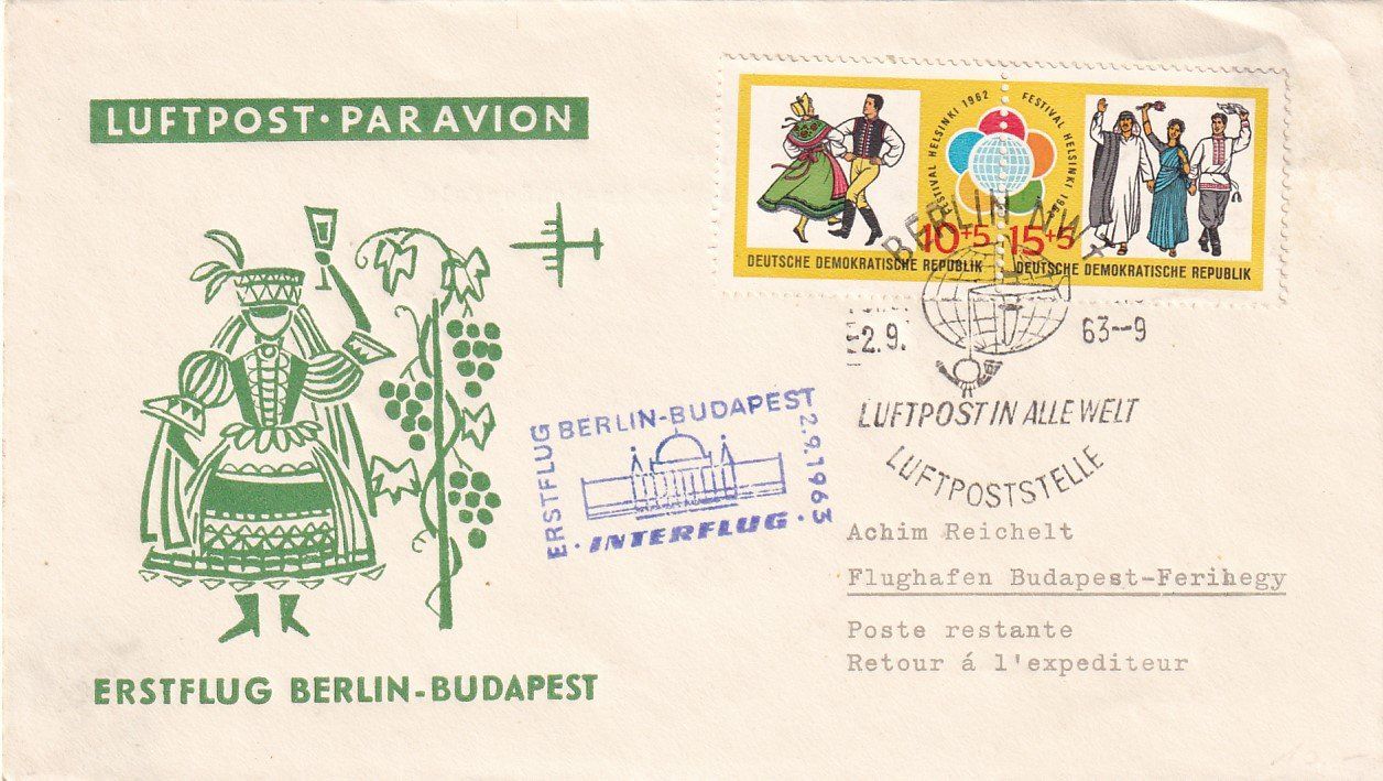 Tutti i francobolli: Erstflug INTERFLUG Berlin - Budapest 1963 – Usato da Baar venduto da Asmara111