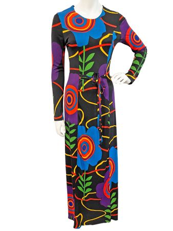 Kleid lang Gr. XS/XXS grossgemustert abstrakt VINTAGE 1970s