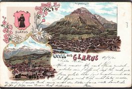 ^Lithografie Gruss aus Glarus, gel. 1900 Corpslazarett IV