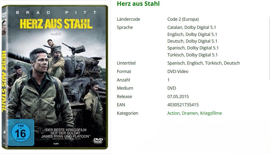 Tutti i DVDs: Fury Herz aus Stahl - DVD- Brad Pitt – Nuovo (secondo la descrizione) da Dietikon venduto da Ruempfli 1
