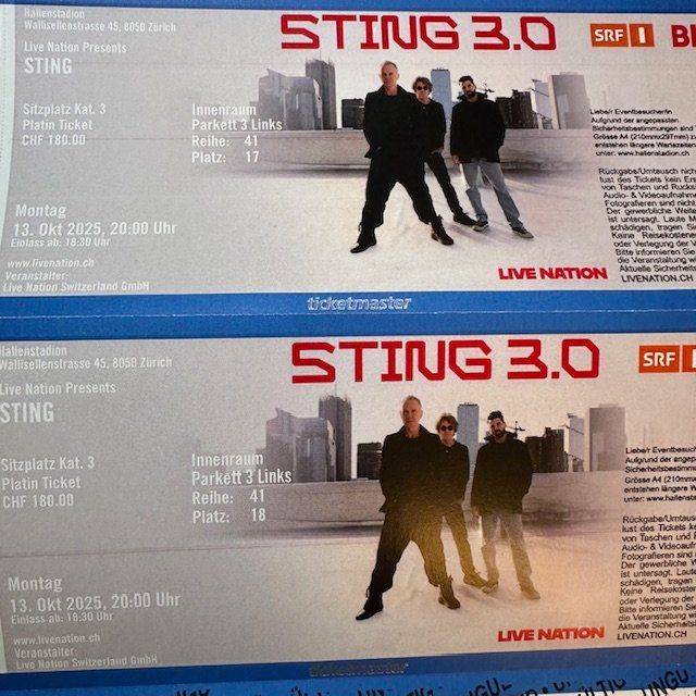 2 Konzert-Tickets Sting 3.0 Tour – 13.10.2025 – Zürich (Neu (gemäss ...