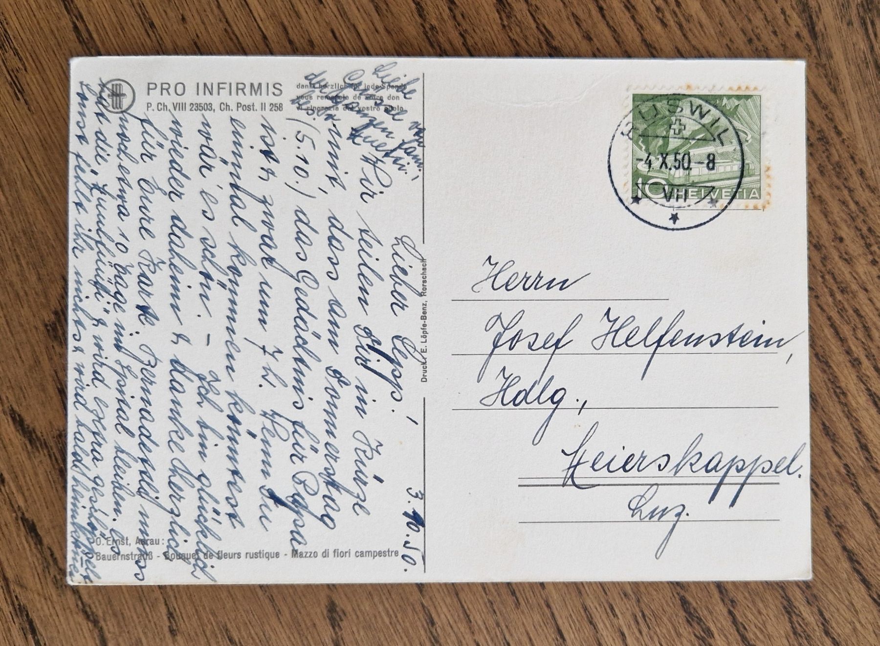 Cartoline postali: Pro Infirmis, Blumenstrauss v. O. Ernst, 1950 – Usato da Ebikon venduto da Donar50 1