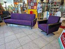 1950s Lila Sofa Daybed & Armchair, Drehsessel - Sitzgruppe